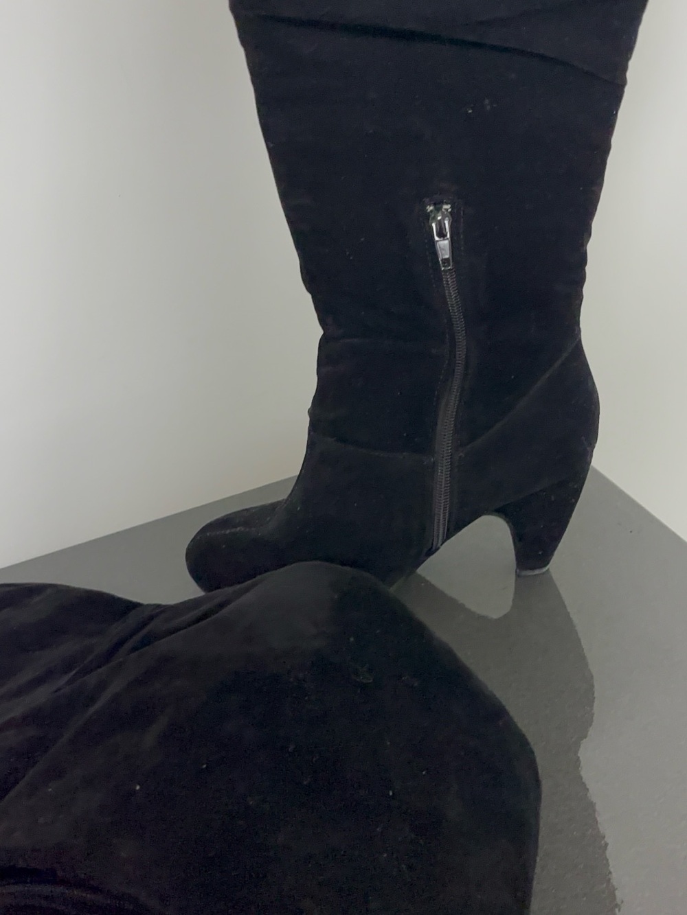 Black Suede Mid-Heel Knee Boots